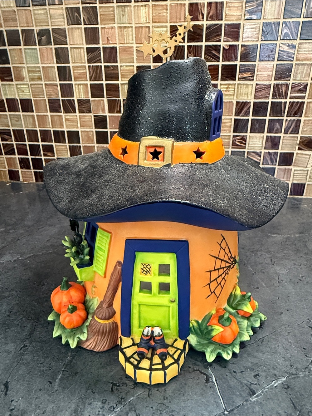 Vintage PartyLite Pumpkin Witch House Tealight Holder with spinning top